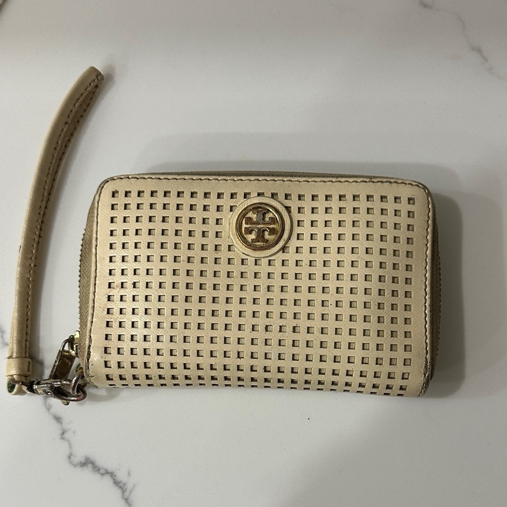 Tory Burch Beige Perforated Leather Saffiano Zip-Around Wristlet